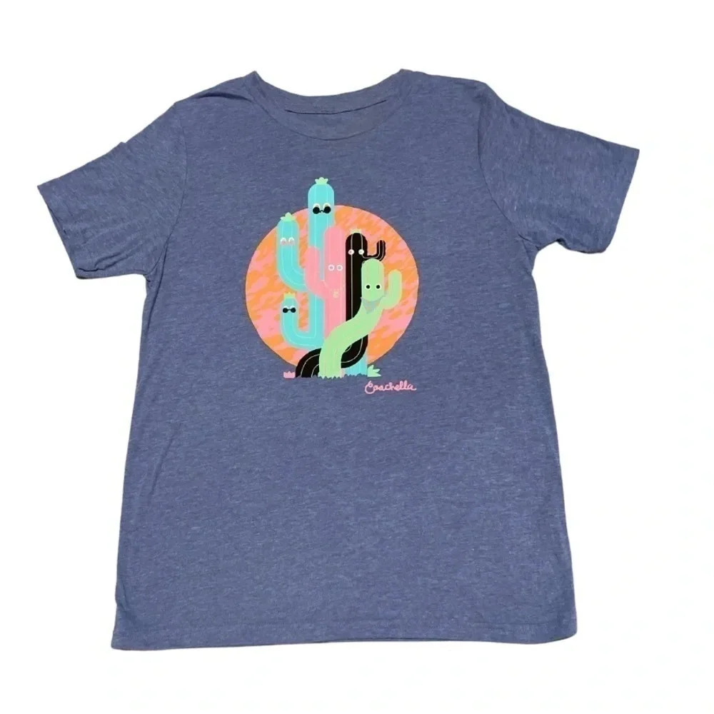 Official Coachella Cartoon Cactus Design T-Shirt - Short Sleeve Blue Crewneck XL